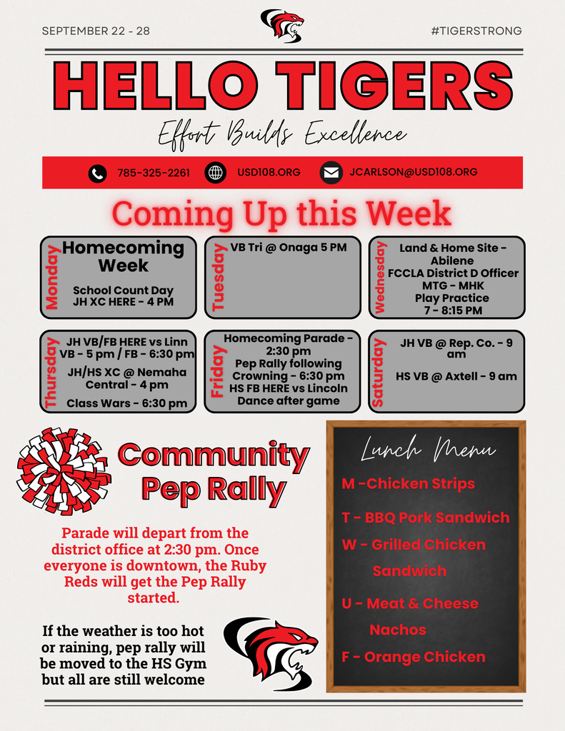 Activity Calendar, Lunch Menu, Community Pep Rally
