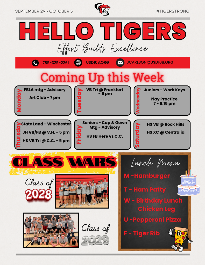 Activity Calendar, Class Wars pictures, Lunch Menu