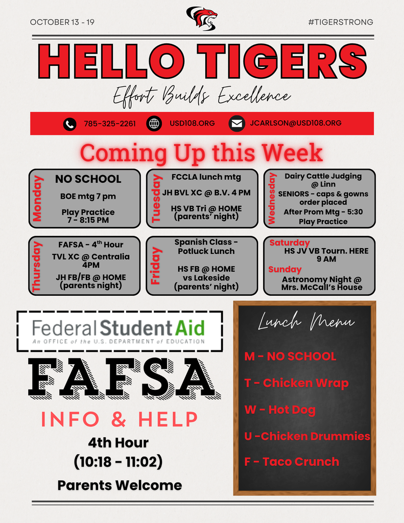Activity Calendar, FAFSA mtg info, Lunch Menu