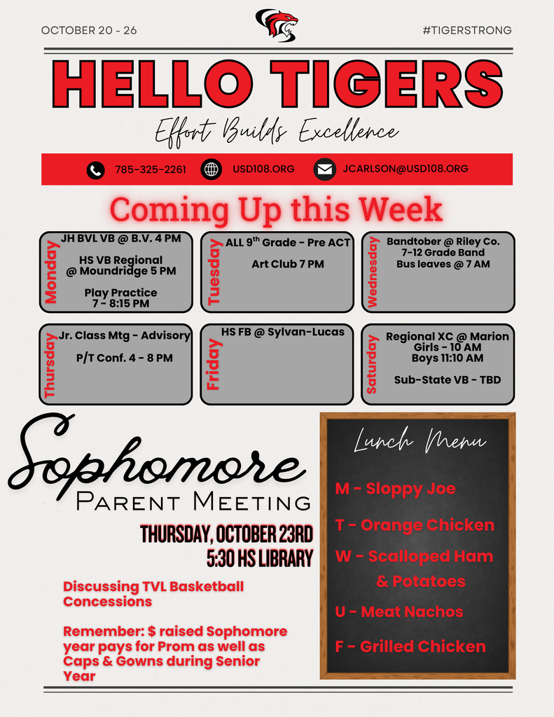Activity Calendar, Sophomore Parent Mtg, & lunch menu