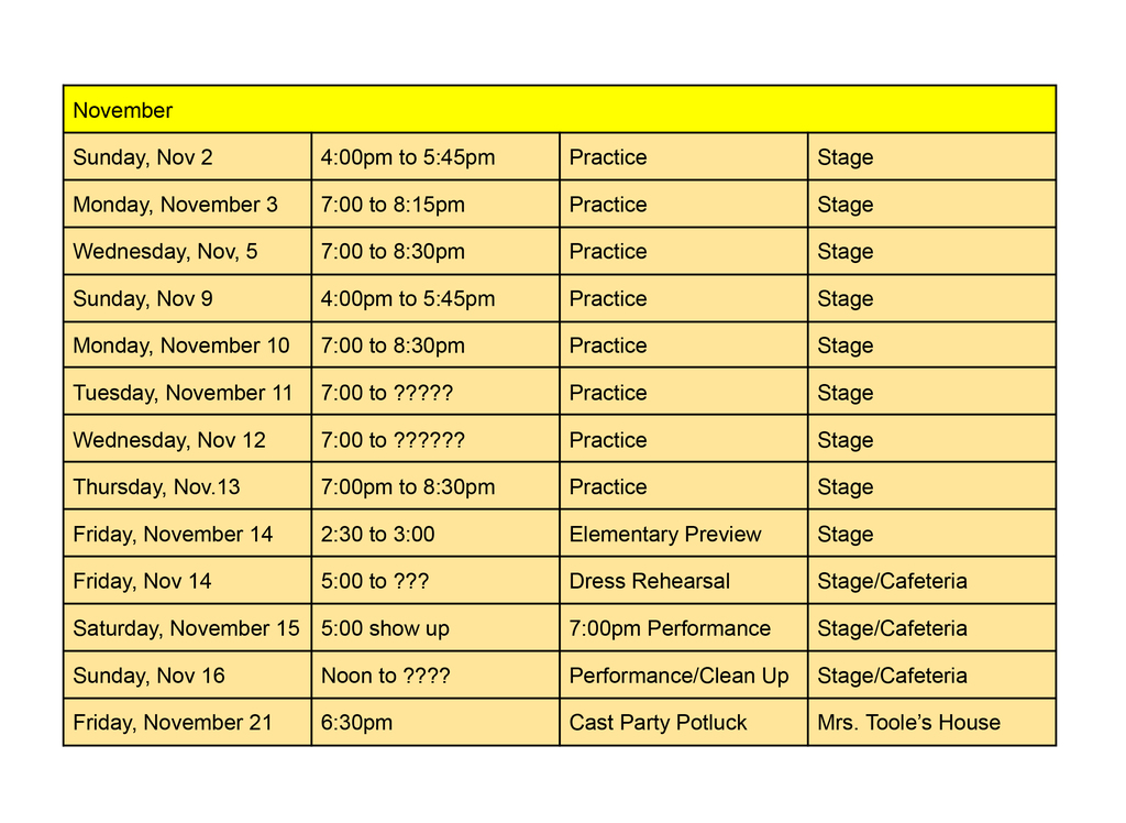 Play Practice Schedule