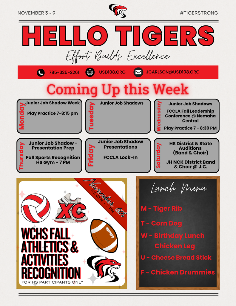 Activity Calendar, Fall Sports Recognition, Lunch Menu