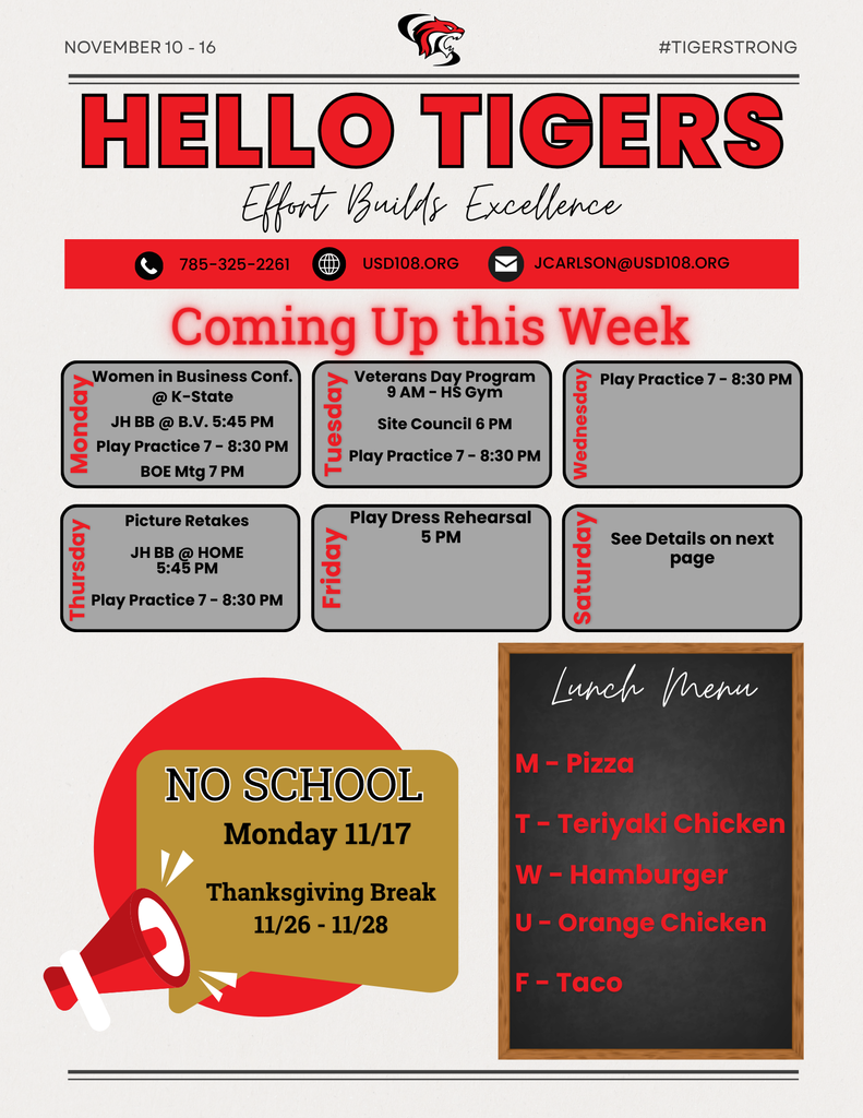 Weekly Activity Calendar, NO SCHOOL dates, lunch menu