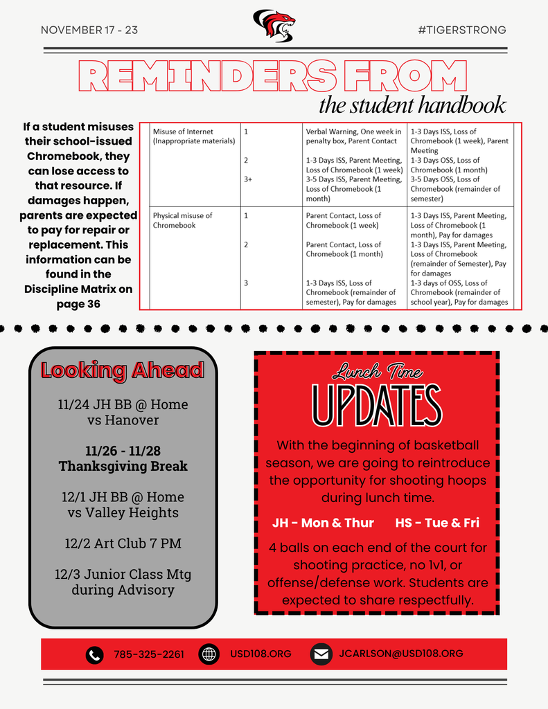 Reminders about chromebooks from the handbook, Lunch time updates and dates for looking ahead