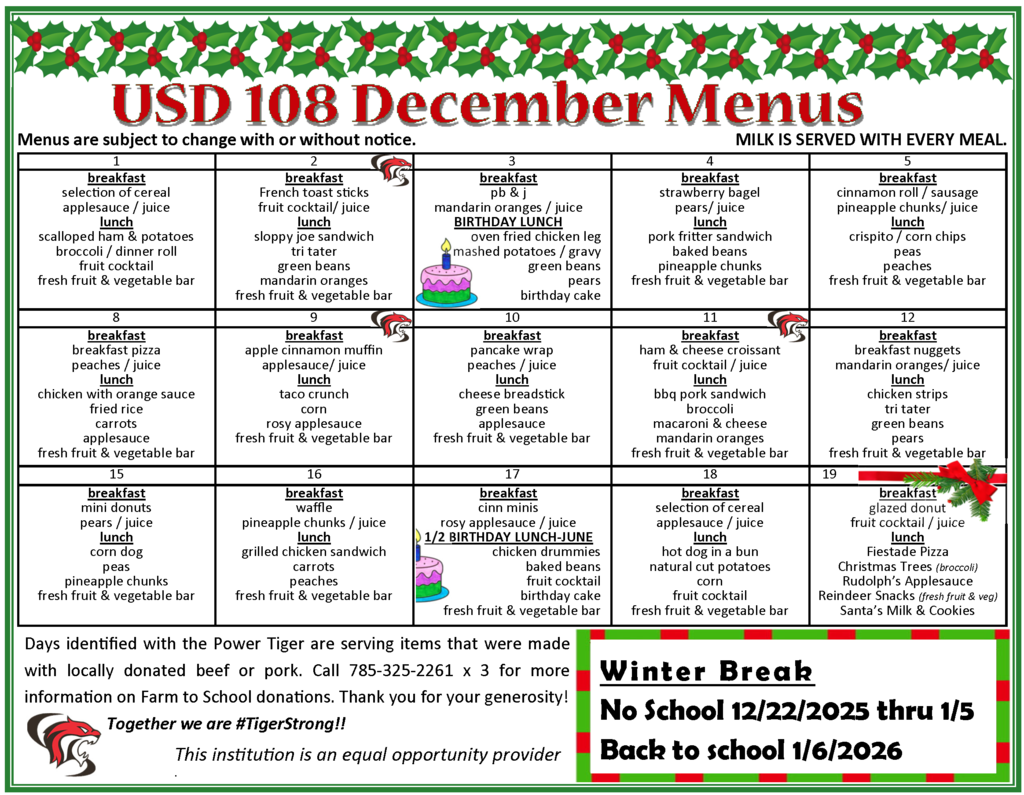 School Menus for December 2025. Menus can also be found at https://www.usd108.org/dining