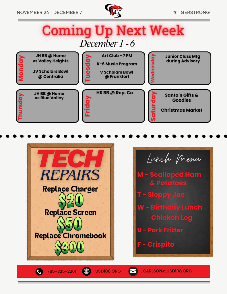 Activity Calendar for December 1-6, Tech Repair Costs, Lunch menu