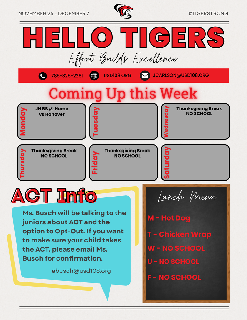 Activity Calendar for November 24-25, ACT Info, Lunch Menu