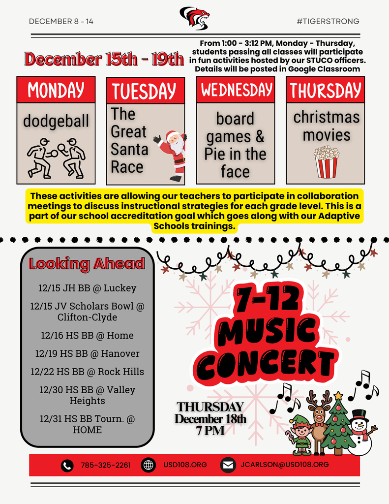 Last week of the semester info, Looking ahead, 7-12 Music Concert info