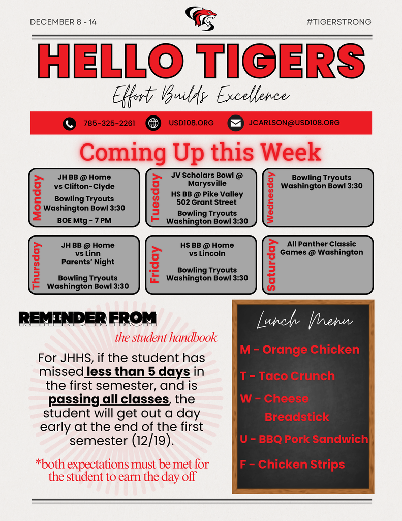 Activity Calendar, End of Semester, Lunch Menu