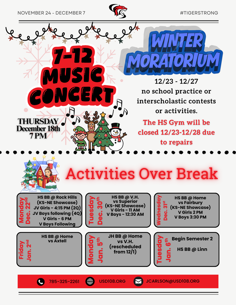 7-12 Music Concert, Winter Moratorium, Activities over Break