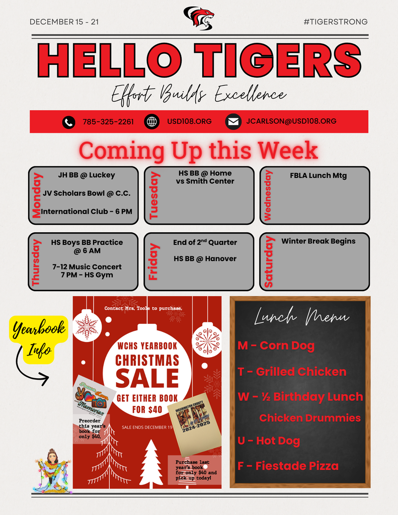 Activity Calendar, Yearbook Sale, Lunch Menu