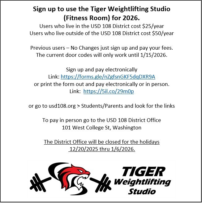 Sign up and pay electronically  Link: https://forms.gle/nZgfsnGKF5dqDXR9A or print the form out and pay electronically or in person. Link:  https://5il.co/29m0p  or go to usd108.org > Students/Parents and look for the links