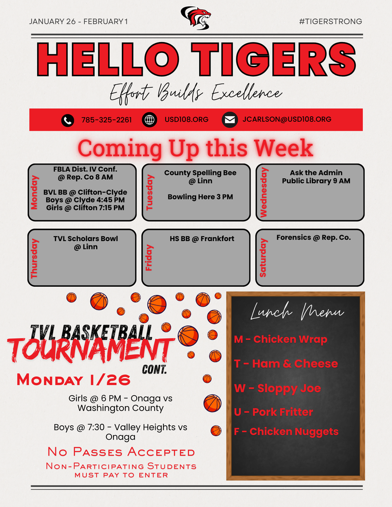 Activity Calendar, TVL Tourn. Cont., Lunch Menu