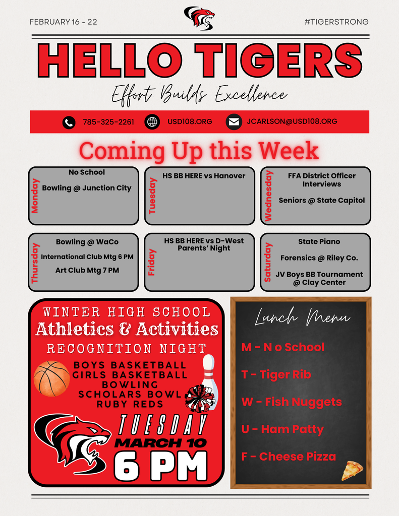 Activity Calendar, Winter Athletics & Activities Recognition, Lunch Menu