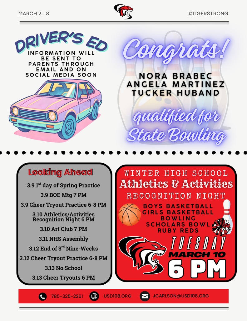 Heads Up for Driver's Ed, State Bowling Qualifiers, Looking Ahead, and Winter Athletics & Activities Recognition Night