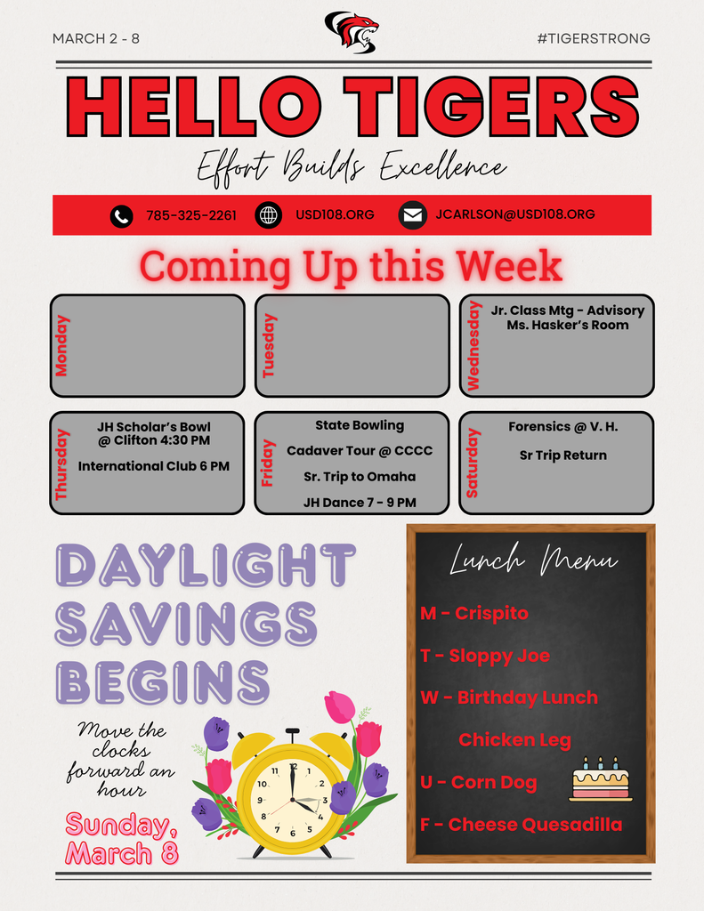 Activity Calendar, Daylight Savings Reminder, Lunch Menu