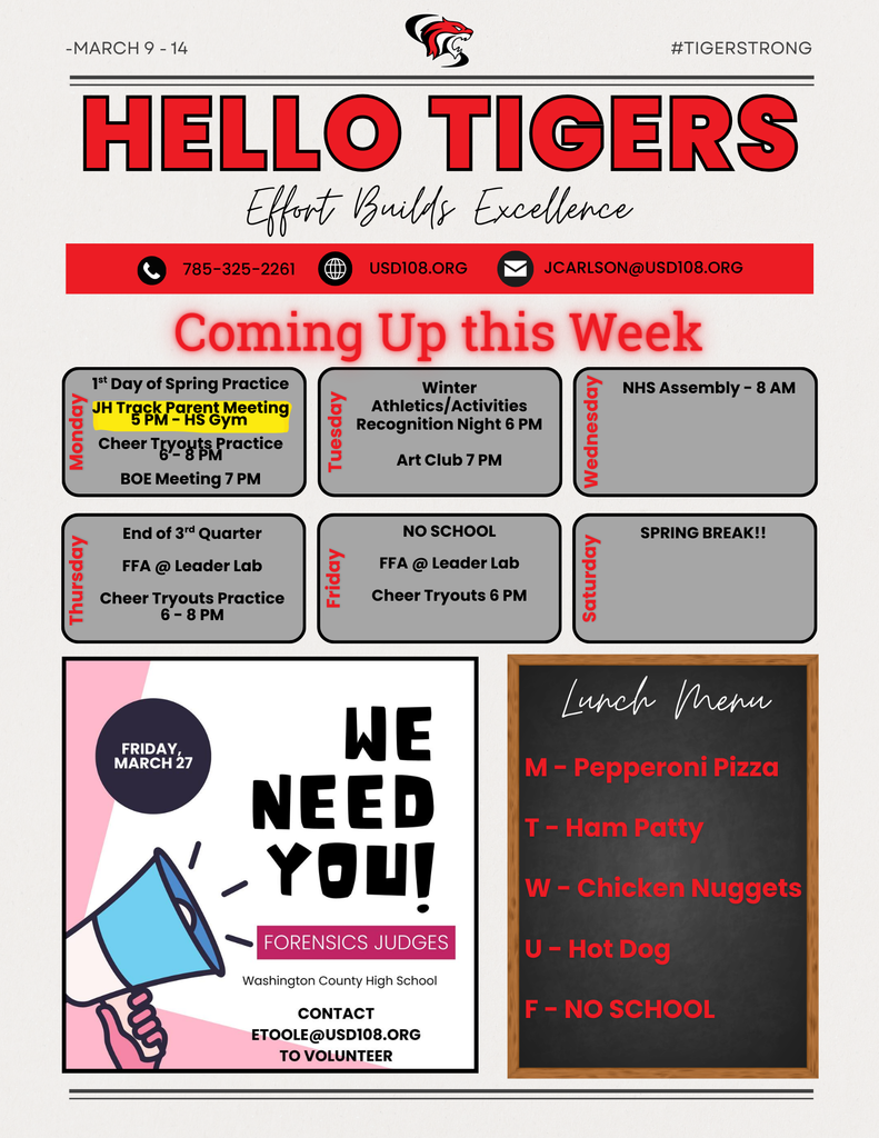 Activity Calendar, Lunch Menu, Judges needed for Home Forensics Meet