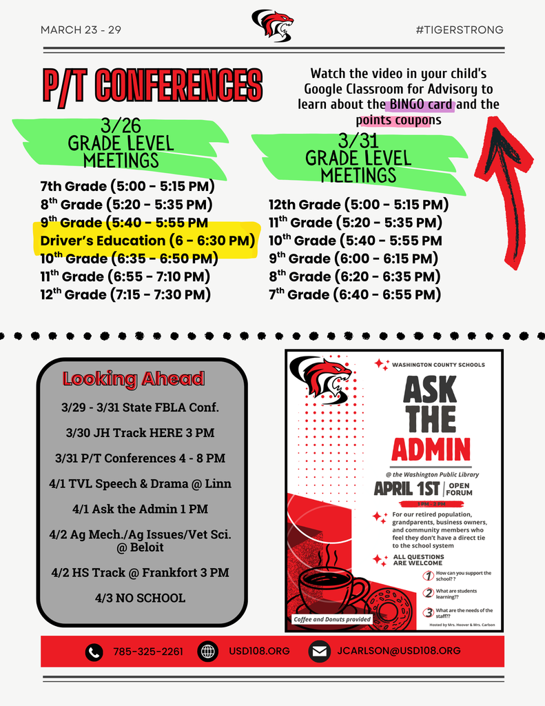 P/T Conferences with Grade Level Meeting schedule for each night, Looking ahead, Ask the Admin information