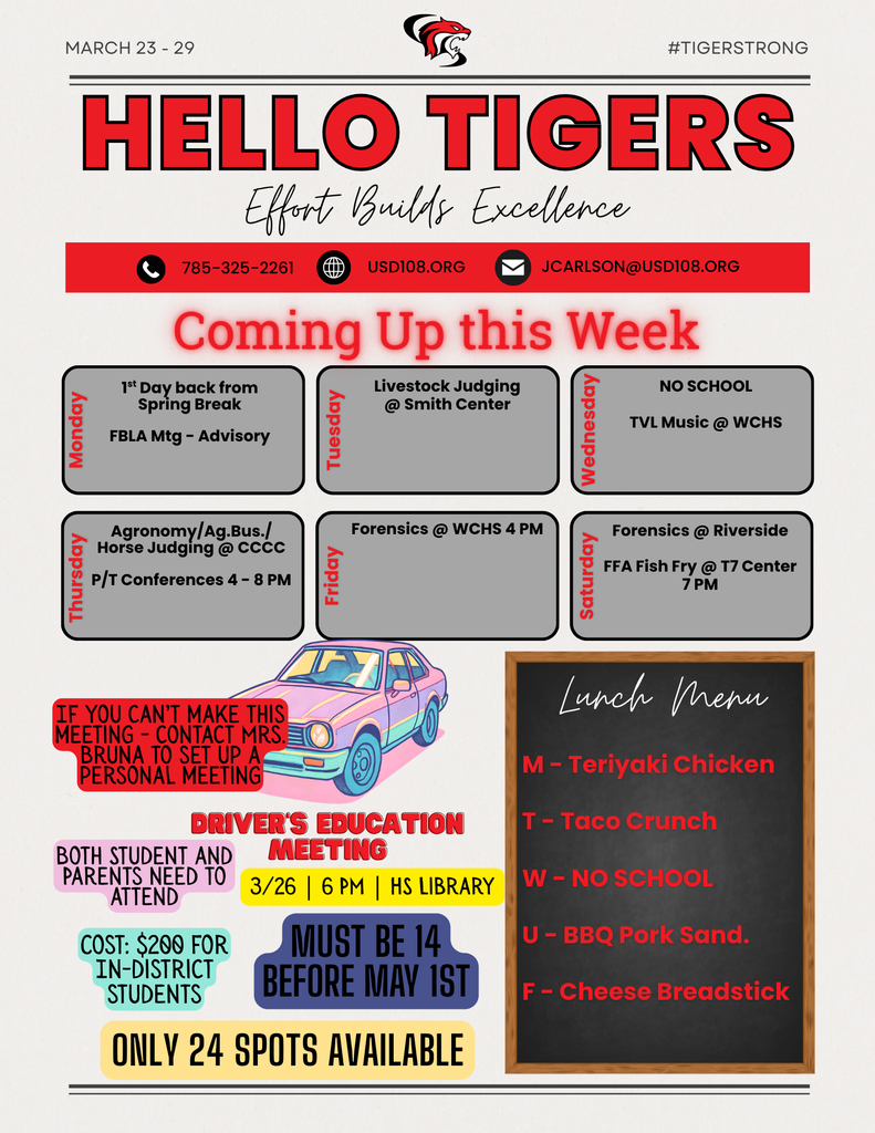 Activity Calendar, Driver's Ed Meeting, Lunch Menu