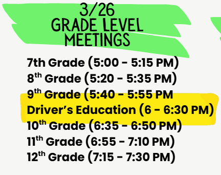 Grade Level Meeting Schedule for P/T Conferences