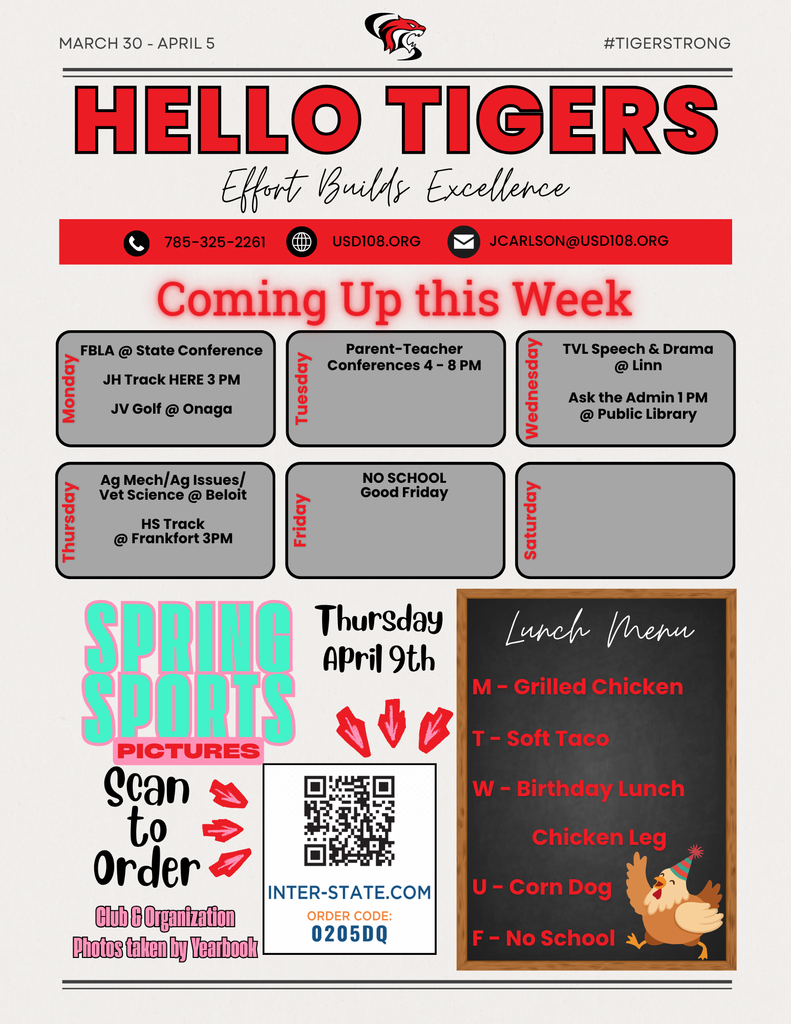 Activity Calendar, Spring Sports photos, Lunch Menu