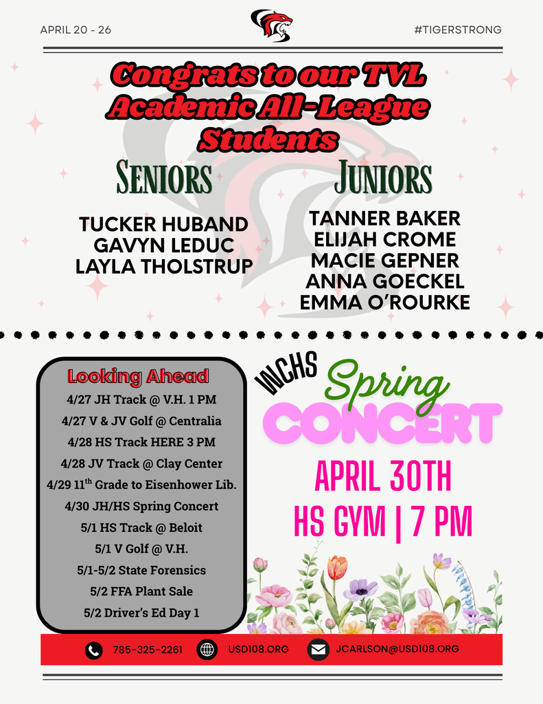 TVL Academic All-League Honors, Looking Ahead, WCHS Spring Concert Information