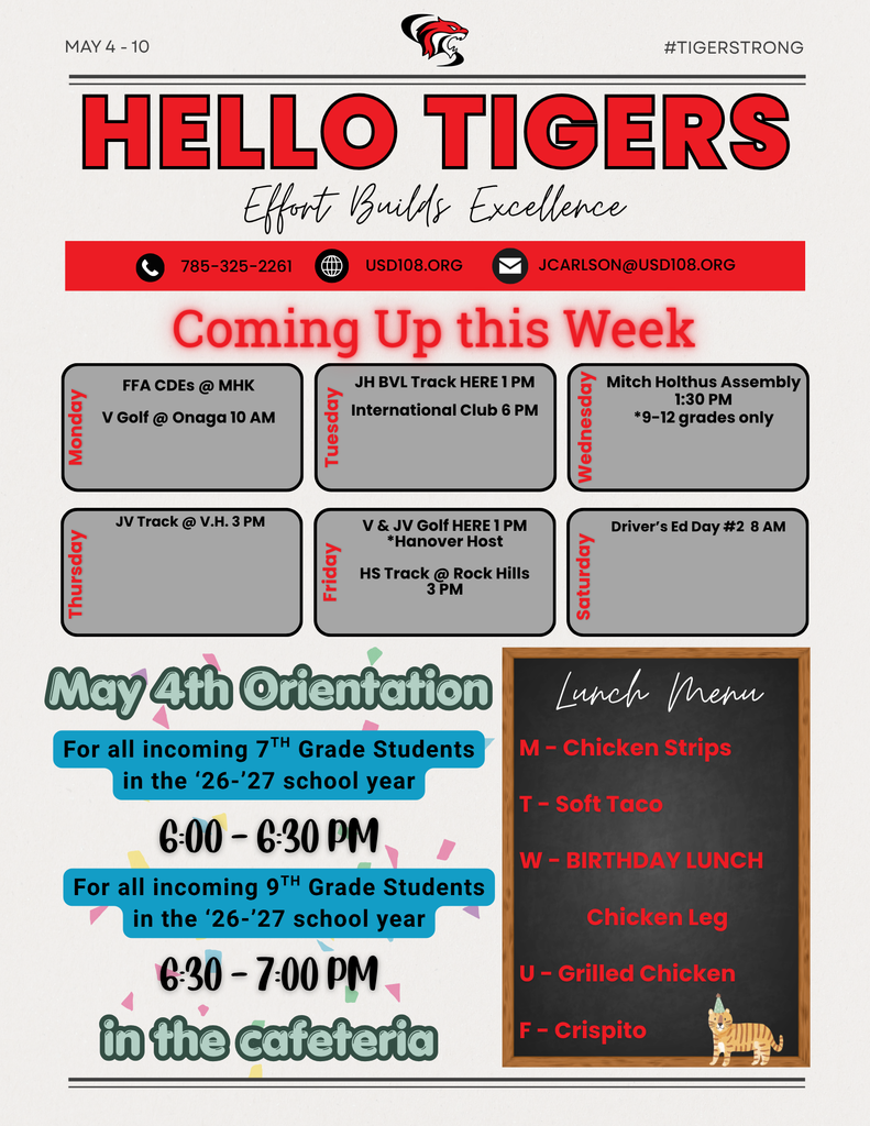 Weekly Activity Calendar, Incoming 7th & 9th Grade Orientation, Weekly Lunch Menu