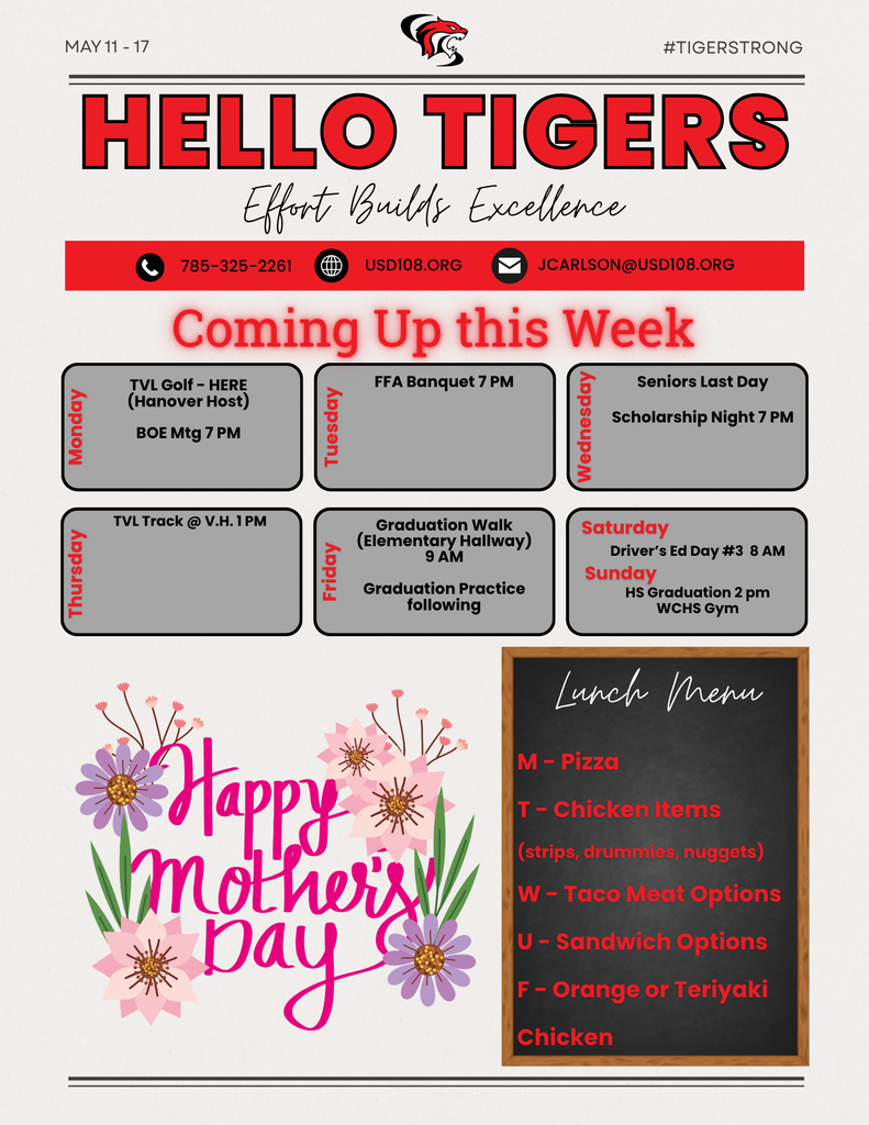 Weekly Activity Calendar, Happy Mother's Day, Lunch Menu
