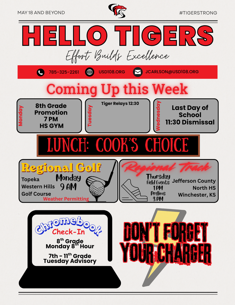 Activity Calendar, Regional Golf info, Regional Track Info, Chromebook Check ins, Don't forget chargers