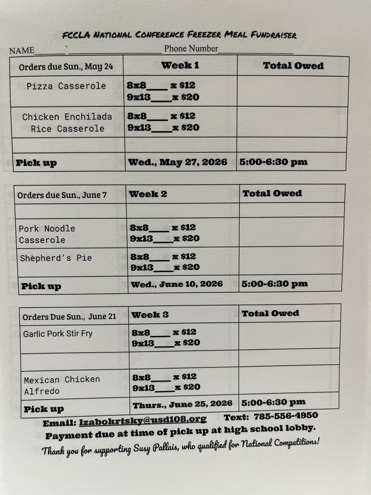 freezer meal flyer options and delivery dates.
