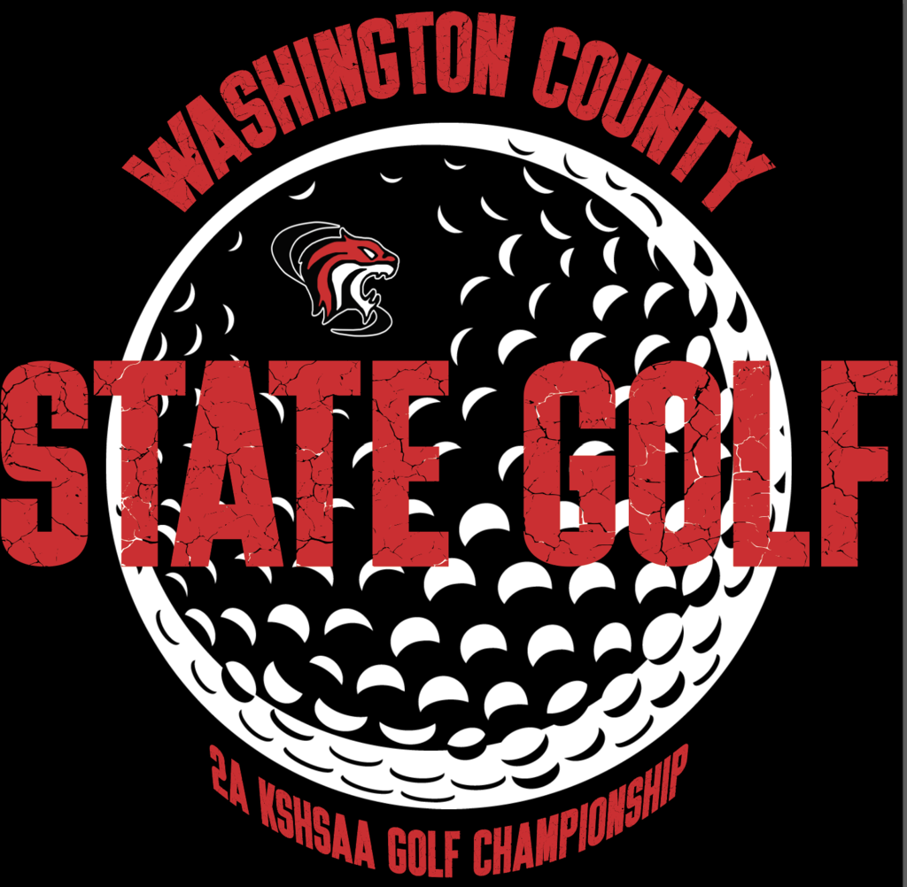 state golf shirt on a black shirt - white golf ball, words state golf and washington county