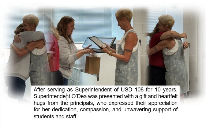 Ms. O'Dea being presented with a gift and hugs from the principals