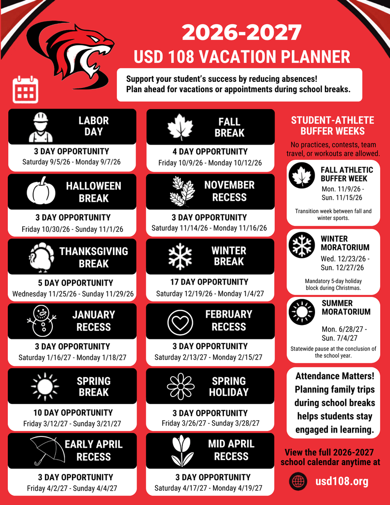 All the school breaks during the 2026-2027 school year. This information is available in another format on the 1 page pdf calendar.