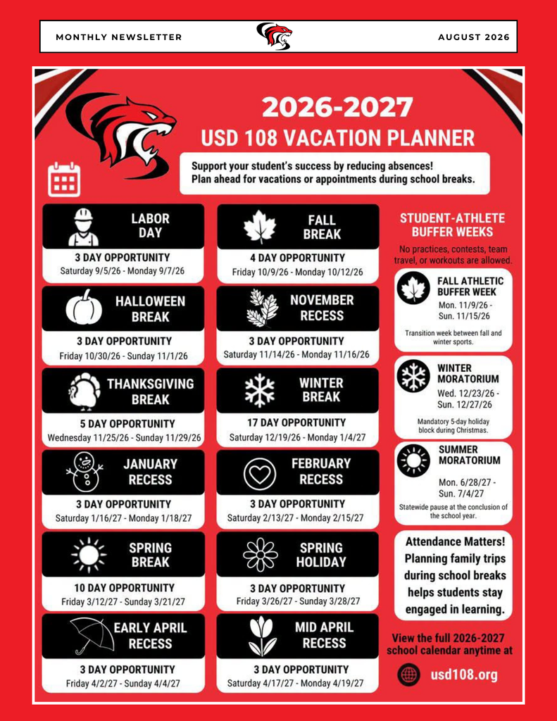 A summary of "No School" dates for the entire school year. It's best to plan vacations and appointments on days where students don't miss school. 