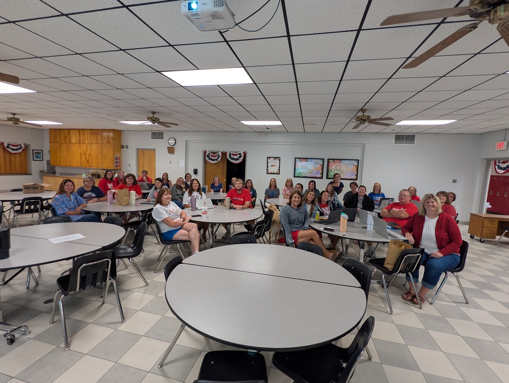 elementary staff in the cafeteria on first day back