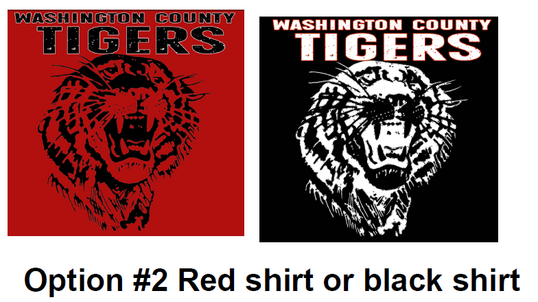 image of old Washington Tiger with the words Washington County Tigers at the top of the shirt on red shirt and black shirt