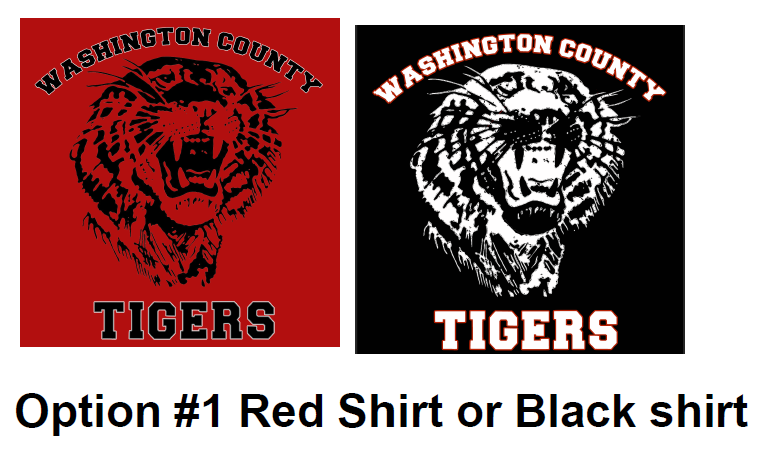 image of old Washington Tiger with the words Washington County Tigers on red shirt and black shirt