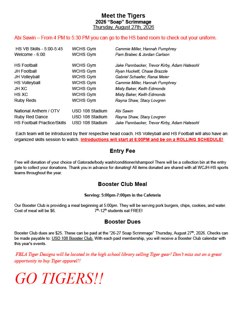 Schedule for Meet the Tigers. Volleyball Skills starts at 5 PM in the high school gym. Booster Club is serving a meal in the cafeteria which costs $6 and Team introductions will take place right after the Welcome at 6 PM. Football skills will take place on the football field following all team introductions. 