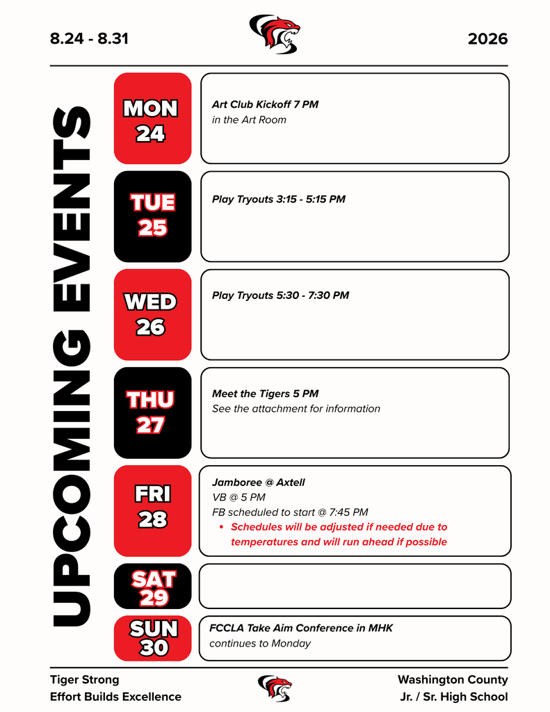 Week of 8.24 - 8.31 Activity Calendar. Details can be found on official school website calendar. 
