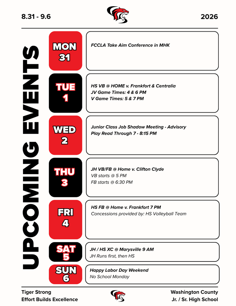 Activities for the week of 8/31 - 9/6