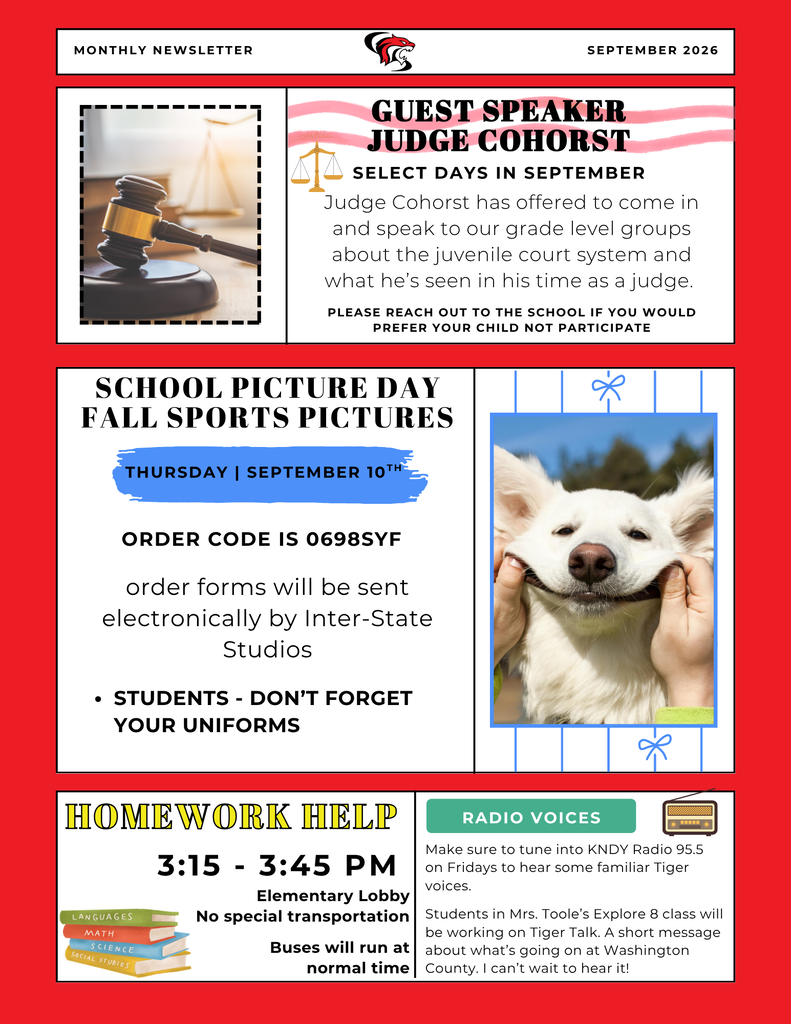 Judge Cohorst is coming to speak to students, School Pictures and Fall Sports Picturesvare September 10th, There will be an opportunity for Homework Help in the elementary lobby from 3:15 - 3:45 PM, Our 8th grade students will be hearing their voices on the radio soon with an awesome collaboration with KNDY radio