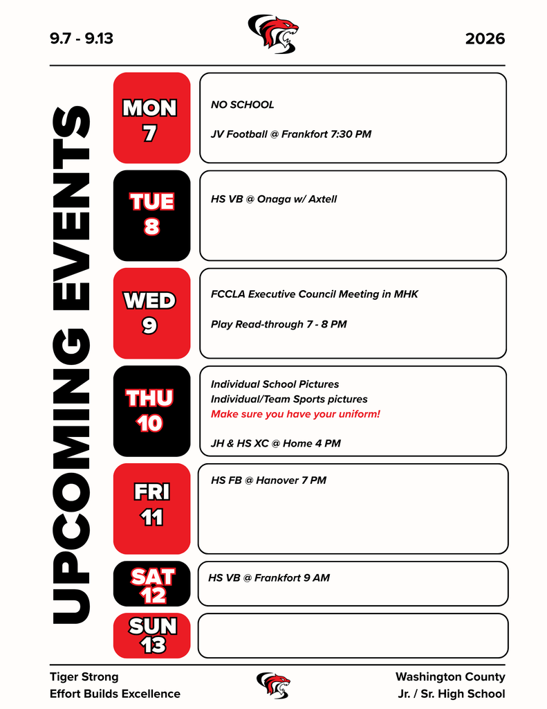 Activity Calendar for the week of 9/6 - 9/13.