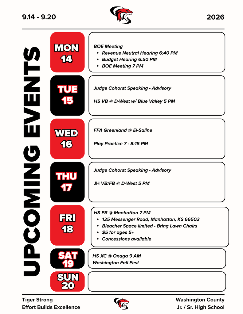 Activity Calendar for the week of September 14th - 20th. 