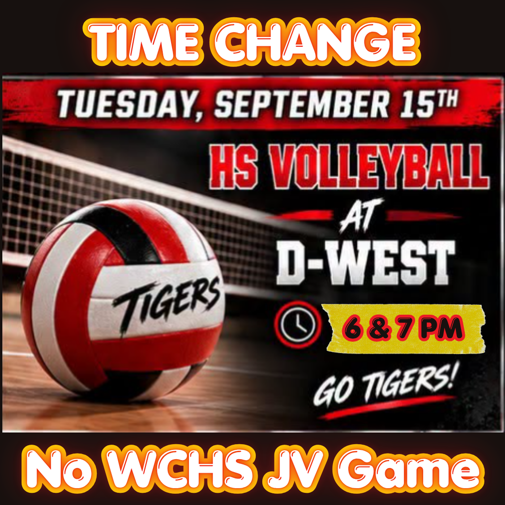 The Tigers will not play JV at Doniphan West on Tuesday 9/15. Varsity Game times are 6 PM & 7 PM. 
