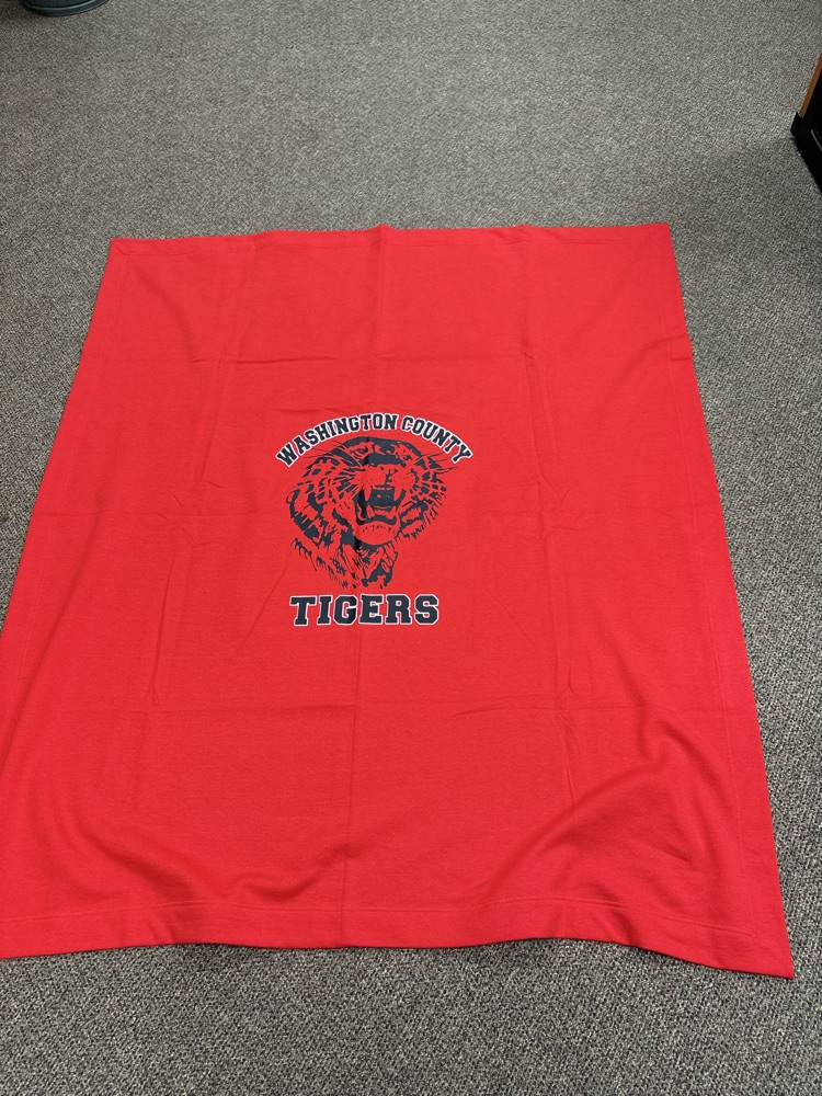 red blanket with retro tiger logo