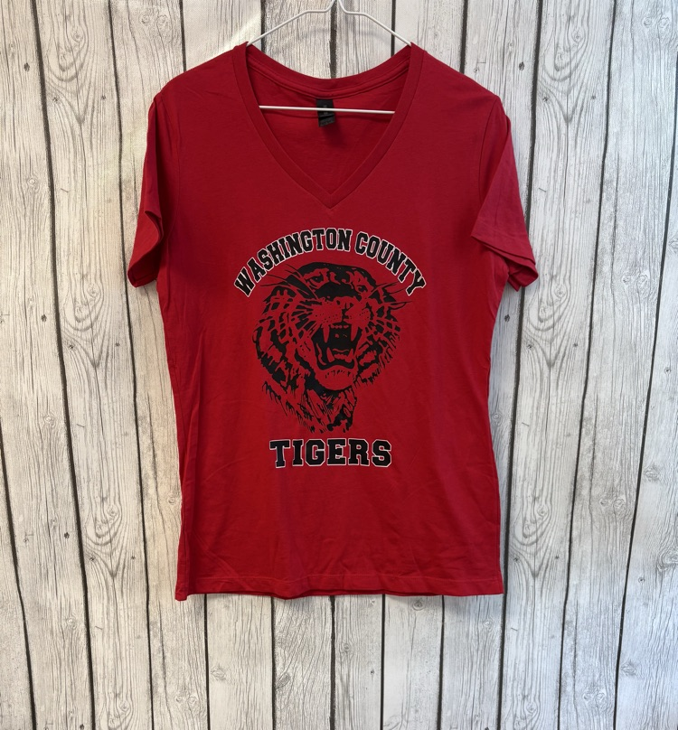 red vneck shirt with retro tiger logo