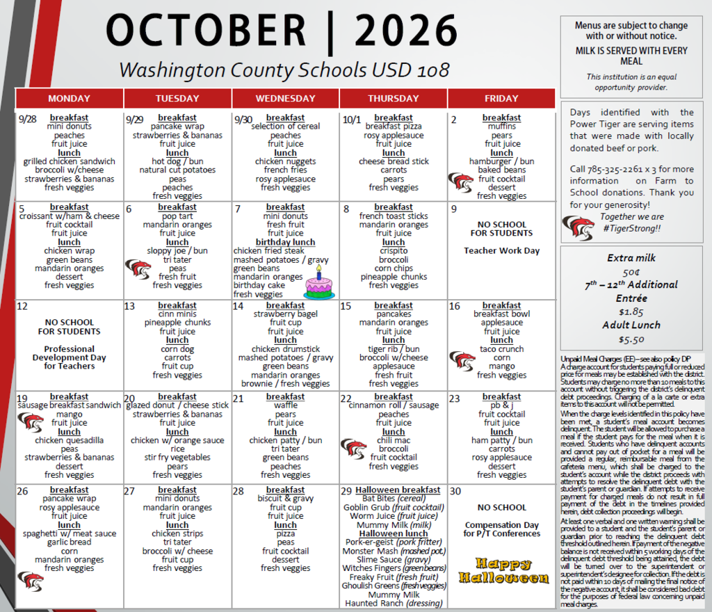 Lunch and breakfast menus for October 2026