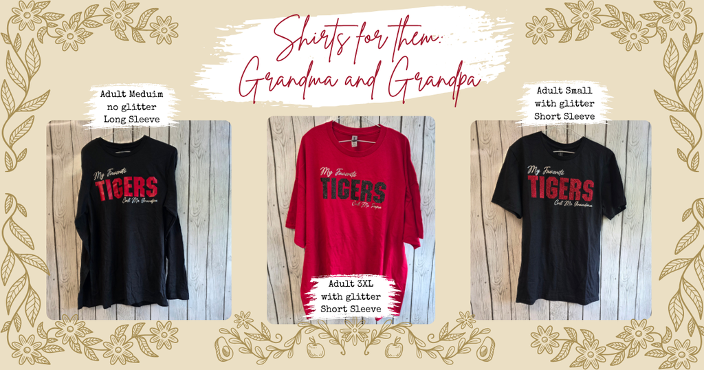 picture of 3 different shirts with My favorite tigers call me grandma. The shirts are red and black.
