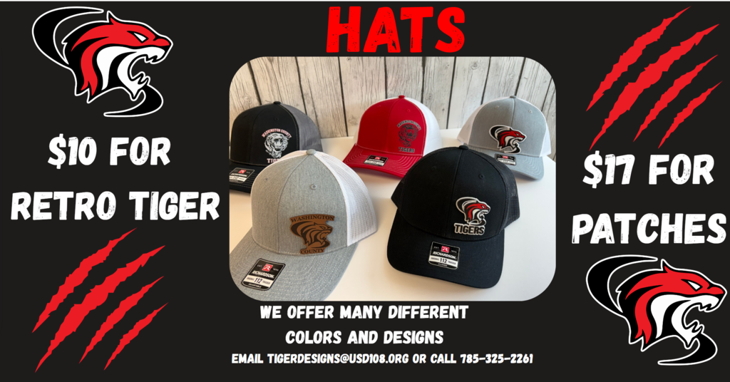 5 different hats with different tiger logos on the right side of the hat. Prices are $10 for the retro tiger and $17 for hats with patches.