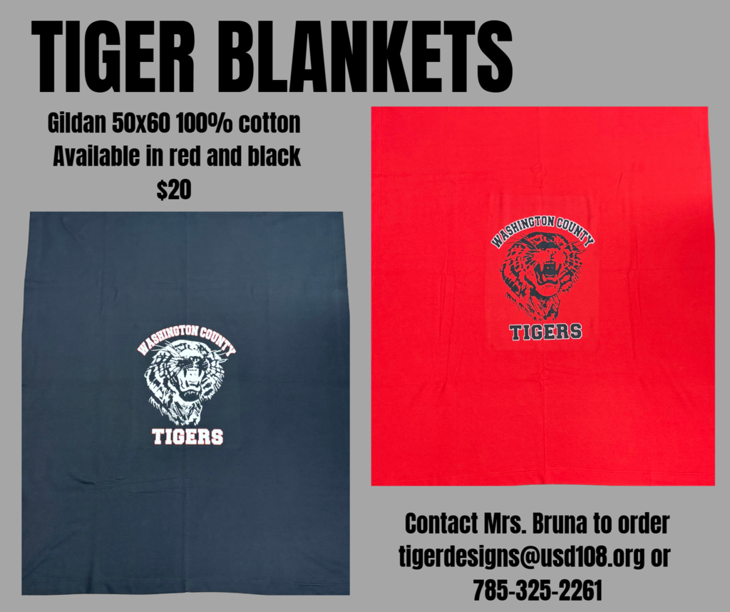 Black and red blankets featured with the retro tiger look. Gildan brand. Size 50"x60". 100% cotton. Contact tigerdesigns@usd108.org